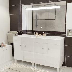 Meuble ECOLINE 140 cm avec plan vasque résine et miroir Elégance ht80- Blanc brillant