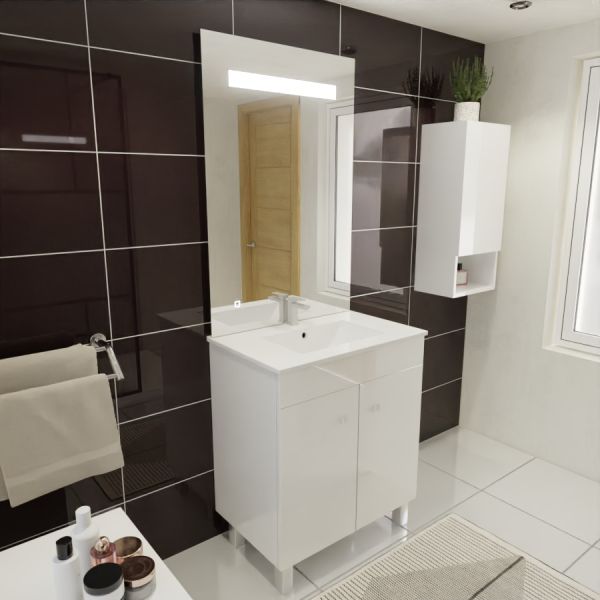 Meuble ECOLINE 70 cm avec plan vasque et miroir Elégance ht105- Blanc brillant