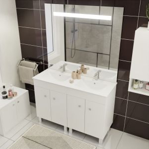 Meuble ECOLINE 120 cm avec plan vasque et miroir Elégance ht105- Blanc brillant