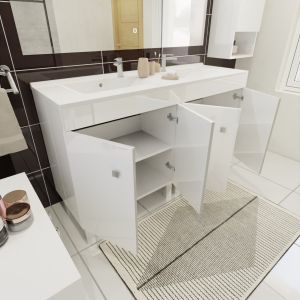 Meuble sur pieds ECOLINE 140 cm avec plan double vasque résine et miroir Elégance ht105- Blanc brillant