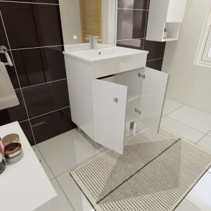Meuble salle de bain ECOLINE 60 cm avec plan vasque en céramique - Blanc brillant