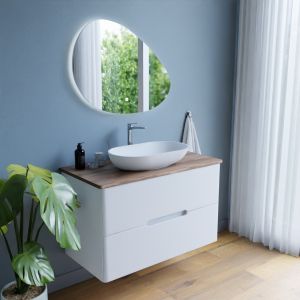 Meuble salle de bain KLASS 100 cm avec vasque à poser et Miroir LED - Blanc et Bois