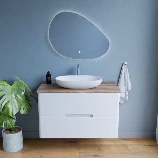 Meuble salle de bain KLASS 100 cm avec vasque à poser et Miroir LED - Blanc et Bois