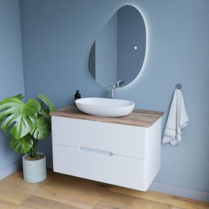 Meuble salle de bain KLASS 100 cm avec vasque à poser et Miroir LED - Blanc et Bois