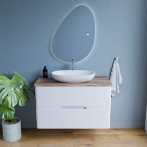 Meuble salle de bain KLASS 100 cm avec vasque à poser et Miroir LED - Blanc et Bois