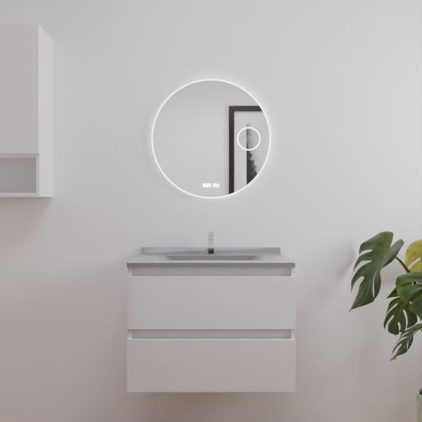 Meuble salle de bain ARLEQUIN 70 cm blanc avec plan vasque gris + Miroir Rondinara