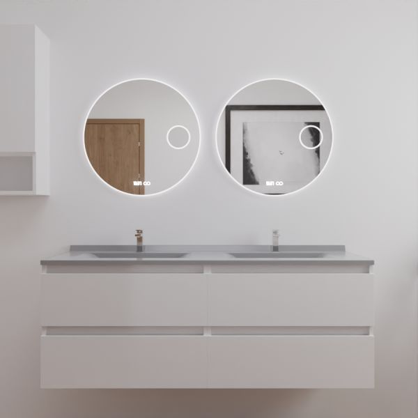 Meuble double vasque 140 cm ARLEQUIN blanc, traverses blanches, plan vasque gris avec miroir Rondinara 
