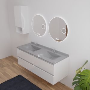 Meuble double vasque 140 cm ARLEQUIN blanc, traverses blanches, plan vasque gris avec miroir Rondinara 