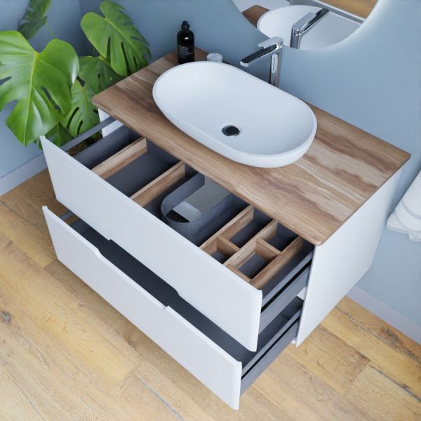 Meuble salle de bain avec vasque à poser KLASS Blanc et Bois - 100
