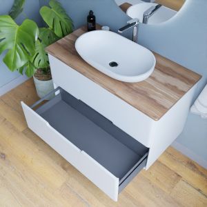 Meuble salle de bain KLASS 100 cm avec vasque à poser et Miroir LED - Blanc et Bois