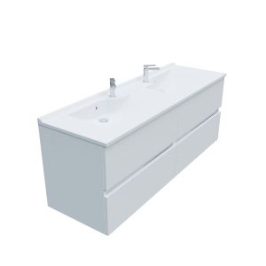 Meuble double vasque 140 cm ROSALY couleur blanc brillant avec plan vasque en résine 140 cm x 46 cm