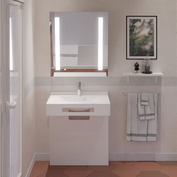 Meuble LEA 70 cm avec plan vasque et miroir LED inclinable Rotary