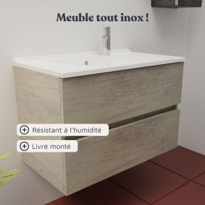 Meuble vasque tout inox ROSINOX 80 cm avec miroir Elégance ht105 - Chêne