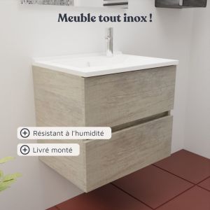 Meuble vasque tout inox ROSINOX 60 cm avec miroir Elégance ht105 - Chêne