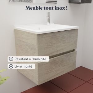 Meuble vasque tout inox ROSINOX 60 cm avec miroir Elégance ht105 - Chêne