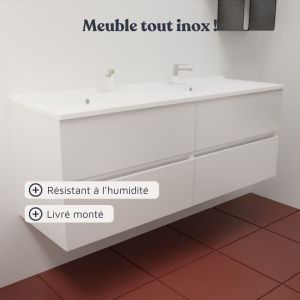 Meuble double vasque tout inox 140 cm ROSINOX avec miroir led Prestige - Blanc mat