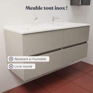 Meuble double vasque tout inox 120 cm ROSINOX avec grand miroir Elégance ht105 - Gris mat 