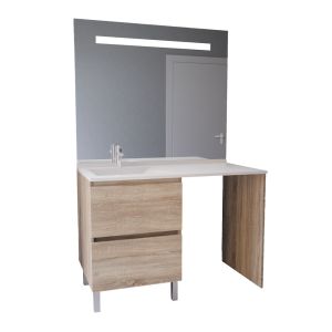 Meuble IDEA, plan vasque déportée à gauche + Miroir Elégance 124 cm - Oak