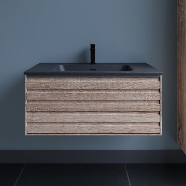 Meuble salle de bain HORIZON 80 cm - Chêne doré et plan vasque noir