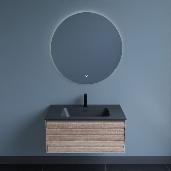 Meuble salle de bain HORIZON 80 cm avec miroir rond Fazzio - Chêne doré et noir