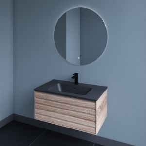 Meuble salle de bain HORIZON 80 cm avec miroir rond Fazzio - Chêne doré et noir