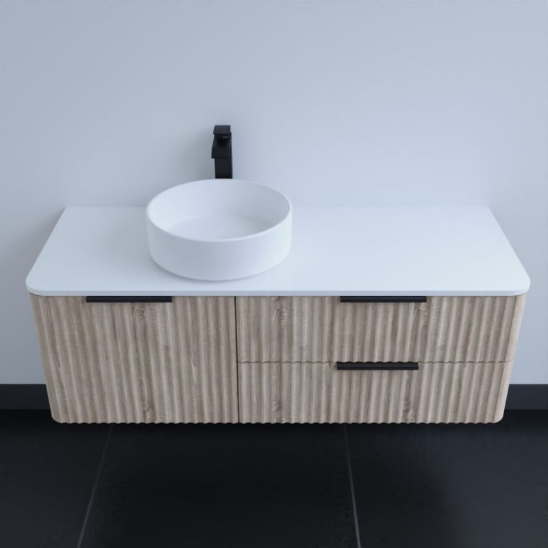Meuble pour lave-linge IDEA, plan vasque déportée 124 cm x 65 cm- Bois-  Vasque à droite