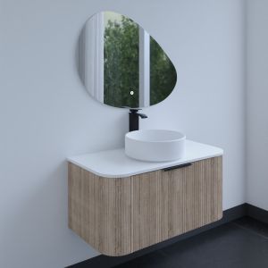 Meuble salle de bain 90 cm VERTIGO avec vasque à poser et miroir Drop - Chêne clair