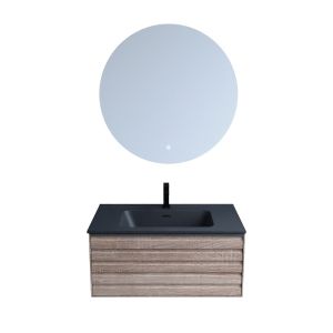 Meuble salle de bain HORIZON 80 cm avec miroir rond Fazzio - Chêne doré et noir