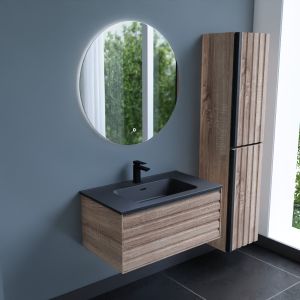 Meuble salle de bain HORIZON 80 cm avec miroir rond Fazzio - Chêne doré et noir