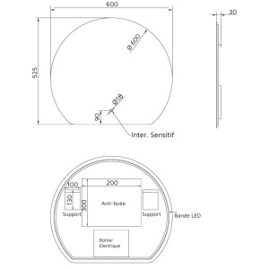 Miroir de salle de bain LED forme demi cercle découpé en bas modèle ECLIPSE 60 cm de largeur