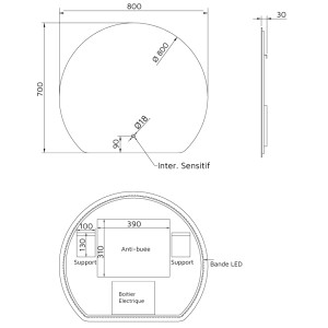 Miroir de salle de bain LED forme demi cercle découpé en bas modèle ECLIPSE 80 cm de largeur