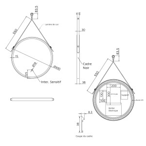 Miroir de salle de bain LED forme ronde avec lanière cuir et cadre noir modèle RING 60 cm de diamètre