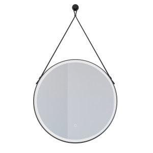 Miroir de salle de bain LED forme ronde avec lanière cuir et cadre noir modèle RING 60 cm de diamètre