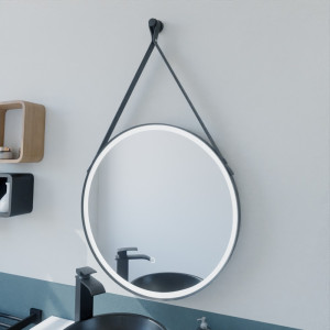 Miroir de salle de bain LED forme ronde avec lanière cuir et cadre noir modèle RING 60 cm de diamètre