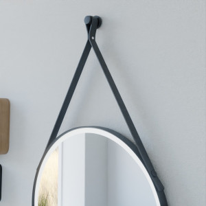 Miroir de salle de bain LED forme ronde avec lanière cuir et cadre noir modèle RING 60 cm de diamètre