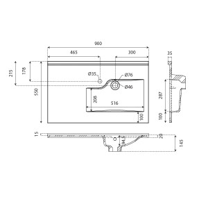 Plan simple vasque RESILOGE 90 cm x 55 cm vasque déportée à droite