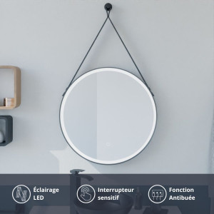 Miroir de salle de bain LED forme ronde avec lanière cuir et cadre noir modèle RING 60 cm de diamètre