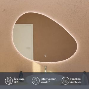 Miroir lumineux DROP éclairage led, interrupteur sensitif et antibuée. Forme galet arrondie 85 x 62 cm