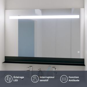 Miroir lumineux ETAL 120x80 cm éclairage LED, antibuée, tablette de rangement noire 