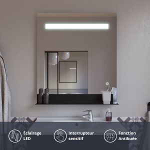 Miroir ETAL 70x80 cm - éclairage LED, antibuée, interrupteur sensitif et tablette de rangement