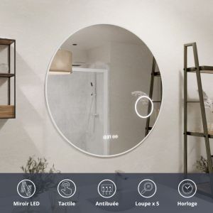 Miroir RONDINARA Ø 60cm - éclairage LED, système anti-buée, horloge et loupe