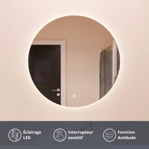 Miroir lumineux rond FAZZIO 60cm - éclairage LED, système anti-buée et interrupteur sensitif