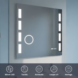 Miroir anti-buée EXCELLENCE 80x80 cm - éclairage intégré à LED, interrupteur sensitif, loupe et heure