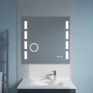 Miroir anti-buée EXCELLENCE 80x80 cm - éclairage intégré à LED, interrupteur sensitif, loupe et heure