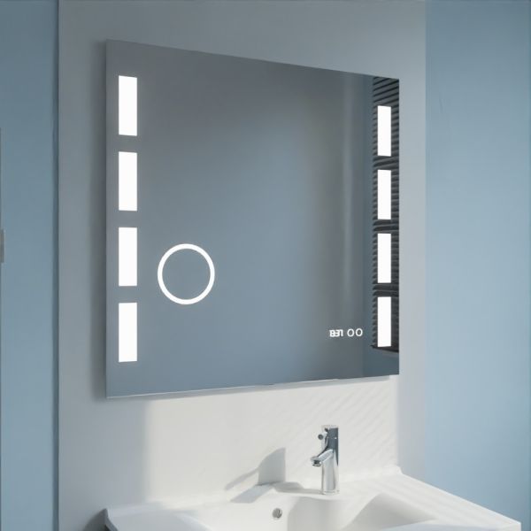 Miroir anti-buée EXCELLENCE 80x80 cm - éclairage intégré à LED, interrupteur sensitif, loupe et heure