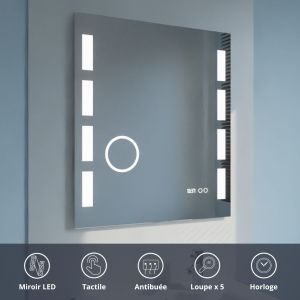 Miroir anti-buée EXCELLENCE 70x80 cm - éclairage intégré à LED, interrupteur sensitif, loupe et heure