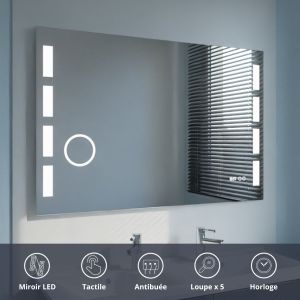 Miroir anti-buée EXCELLENCE 120x80 cm - éclairage intégré à LED, interrupteur sensitif, loupe et heure