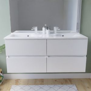 Meuble double vasque 120 cm ROSALY INOX Meuble salle de bain suspendu tout inox 120 cm ROSINOX avec plan vasque ROSINOX - Blanc mat