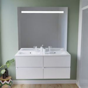 Meuble double vasque 120 cm ROSALY INOX + miroir Elégance ht105 Meuble salle de bain suspendu tout inox 120 cm ROSINOX avec plan vasque et miroir Elegance ht105 - Blanc mat