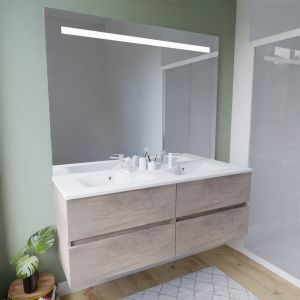 Meuble salle de bain suspendu tout inox 140 cm ROSINOX avec plan vasque et miroir Elegance ht105 - Chêne